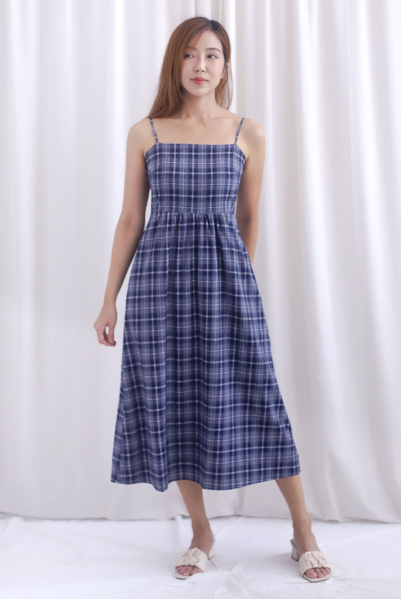 Erica Plaids Spag Midi Dress In Navy Blue