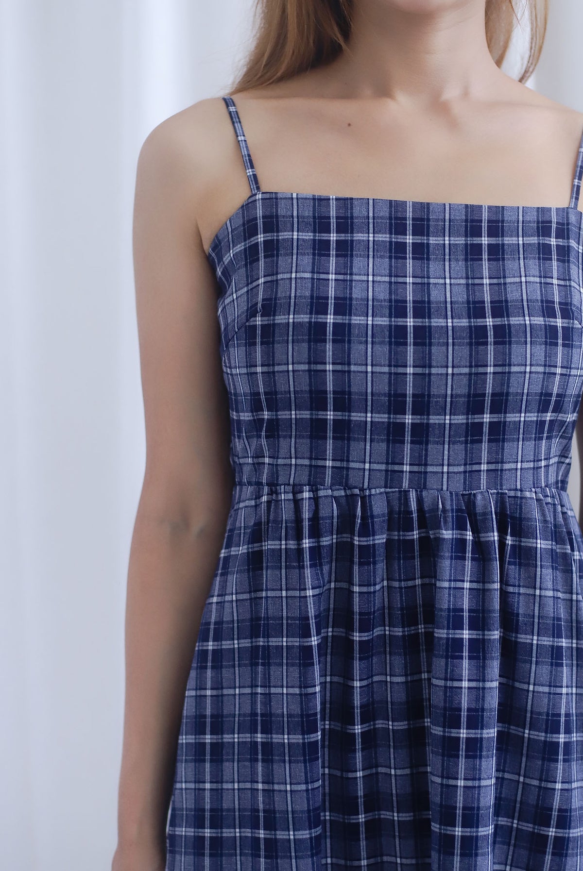 Erica Plaids Spag Midi Dress In Navy Blue