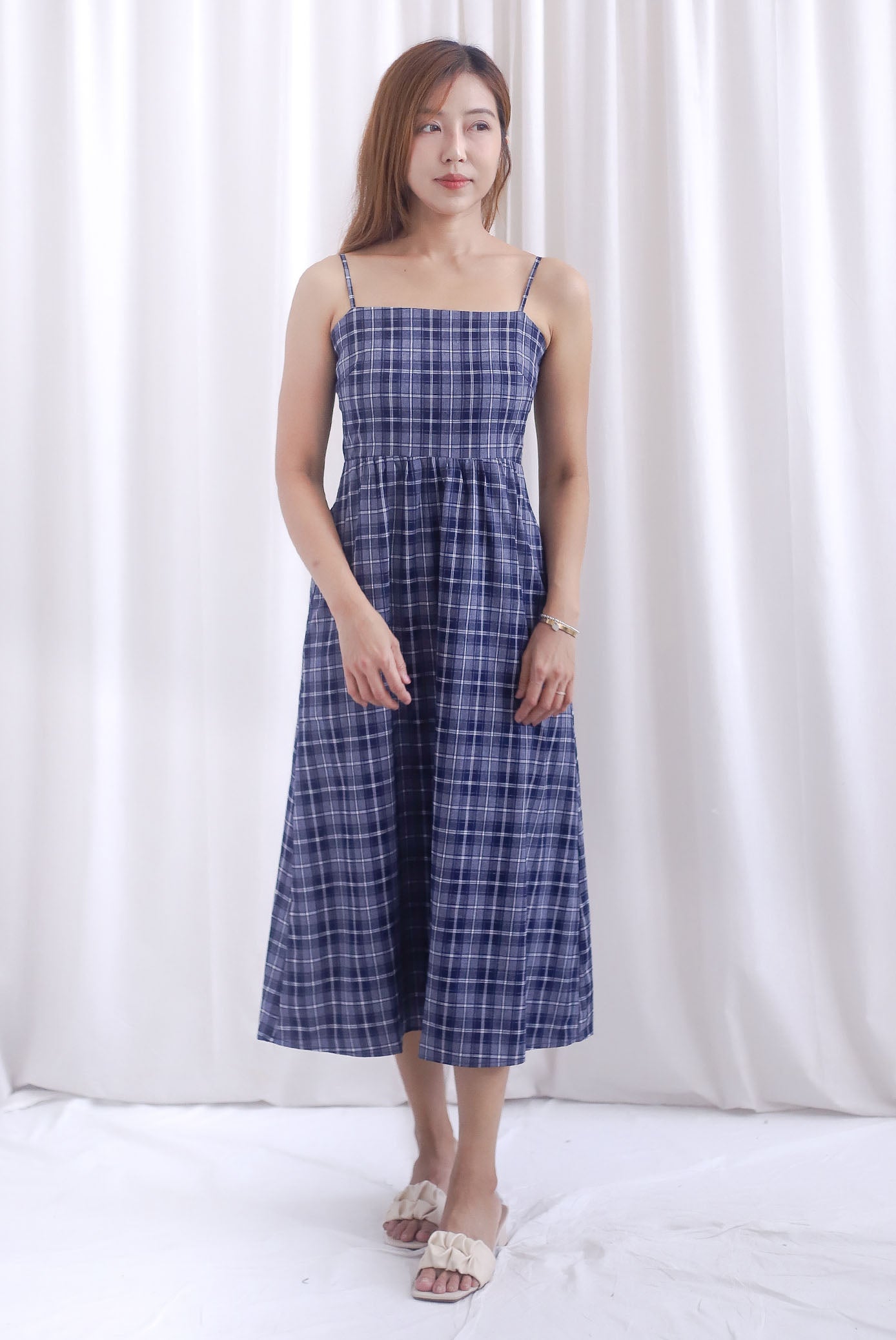 Erica Plaids Spag Midi Dress In Navy Blue