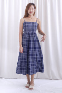 Erica Plaids Spag Midi Dress In Navy Blue