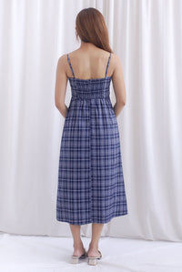 Erica Plaids Spag Midi Dress In Navy Blue