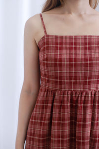 Erica Plaids Spag Midi Dress In Rust Red