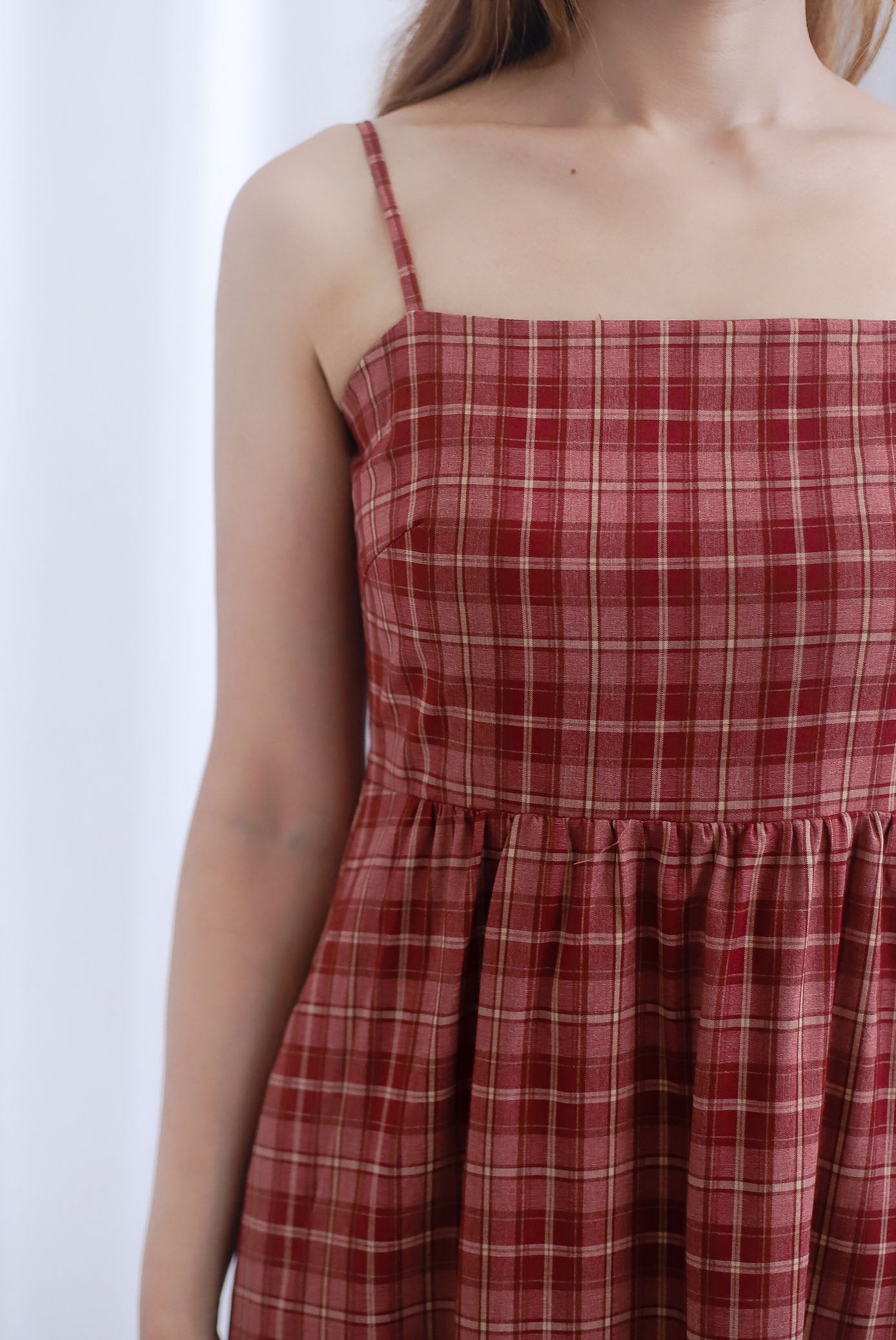 Erica Plaids Spag Midi Dress In Rust Red