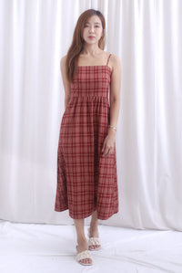 Erica Plaids Spag Midi Dress In Rust Red