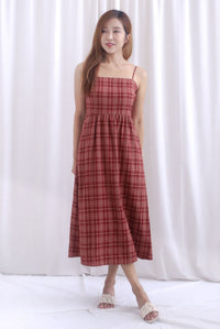 Erica Plaids Spag Midi Dress In Rust Red