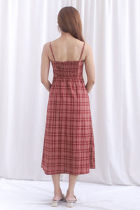 Erica Plaids Spag Midi Dress In Rust Red
