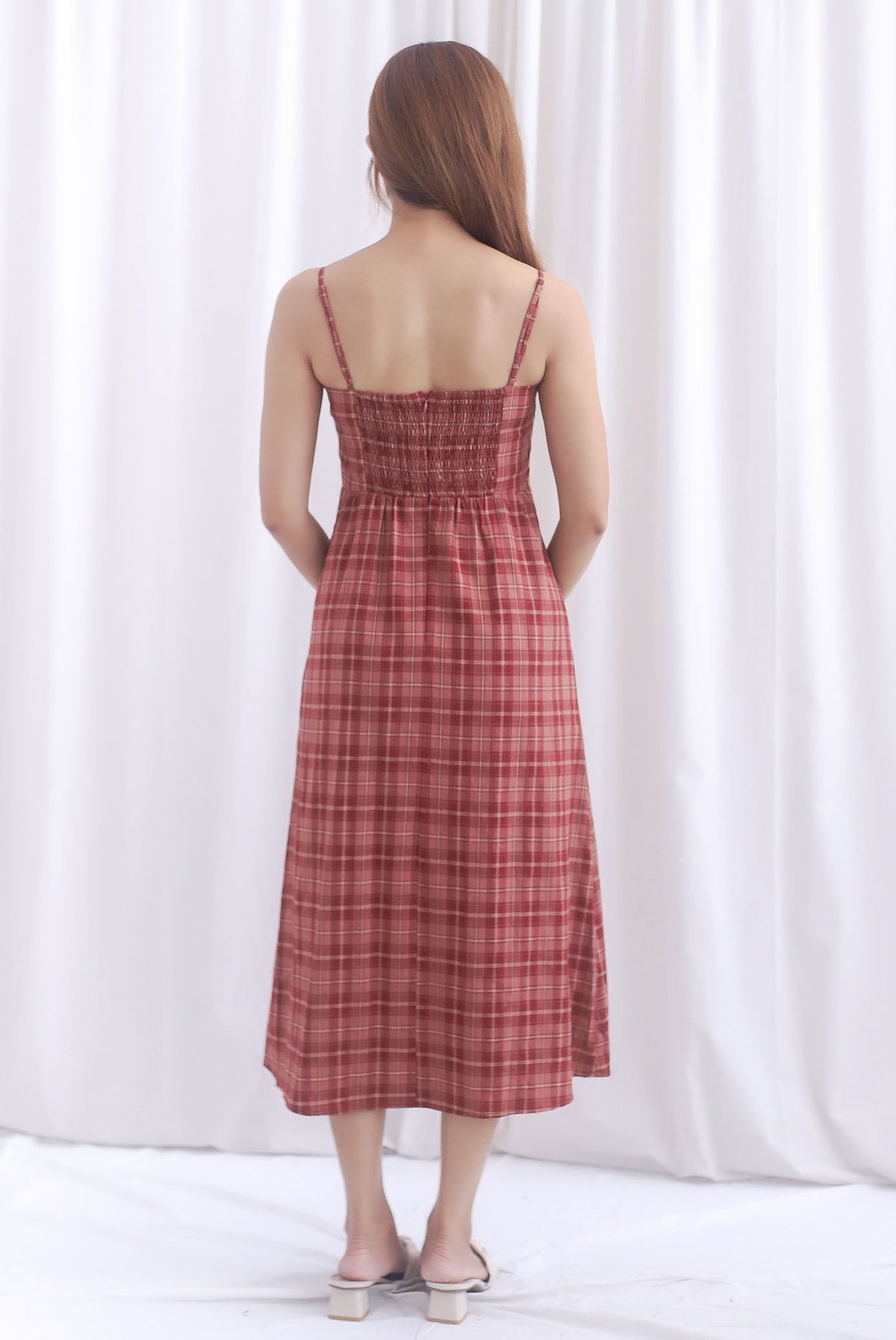 Erica Plaids Spag Midi Dress In Rust Red