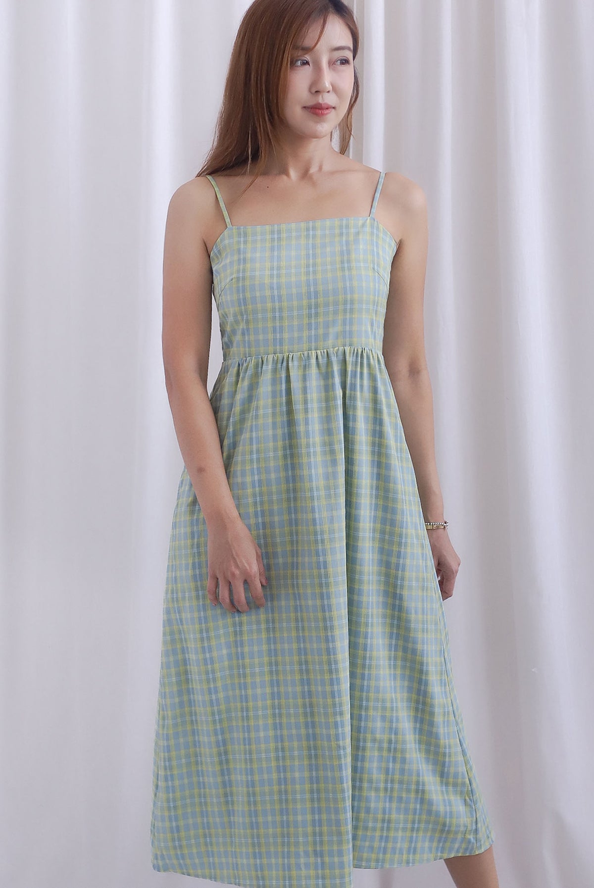 Erica Plaids Spag Midi Dress In Seafoam Green