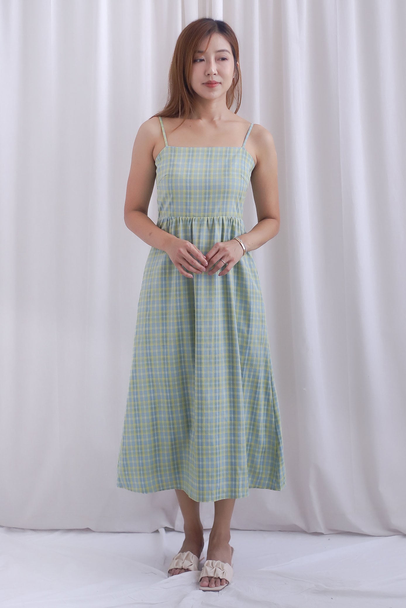 Erica Plaids Spag Midi Dress In Seafoam Green