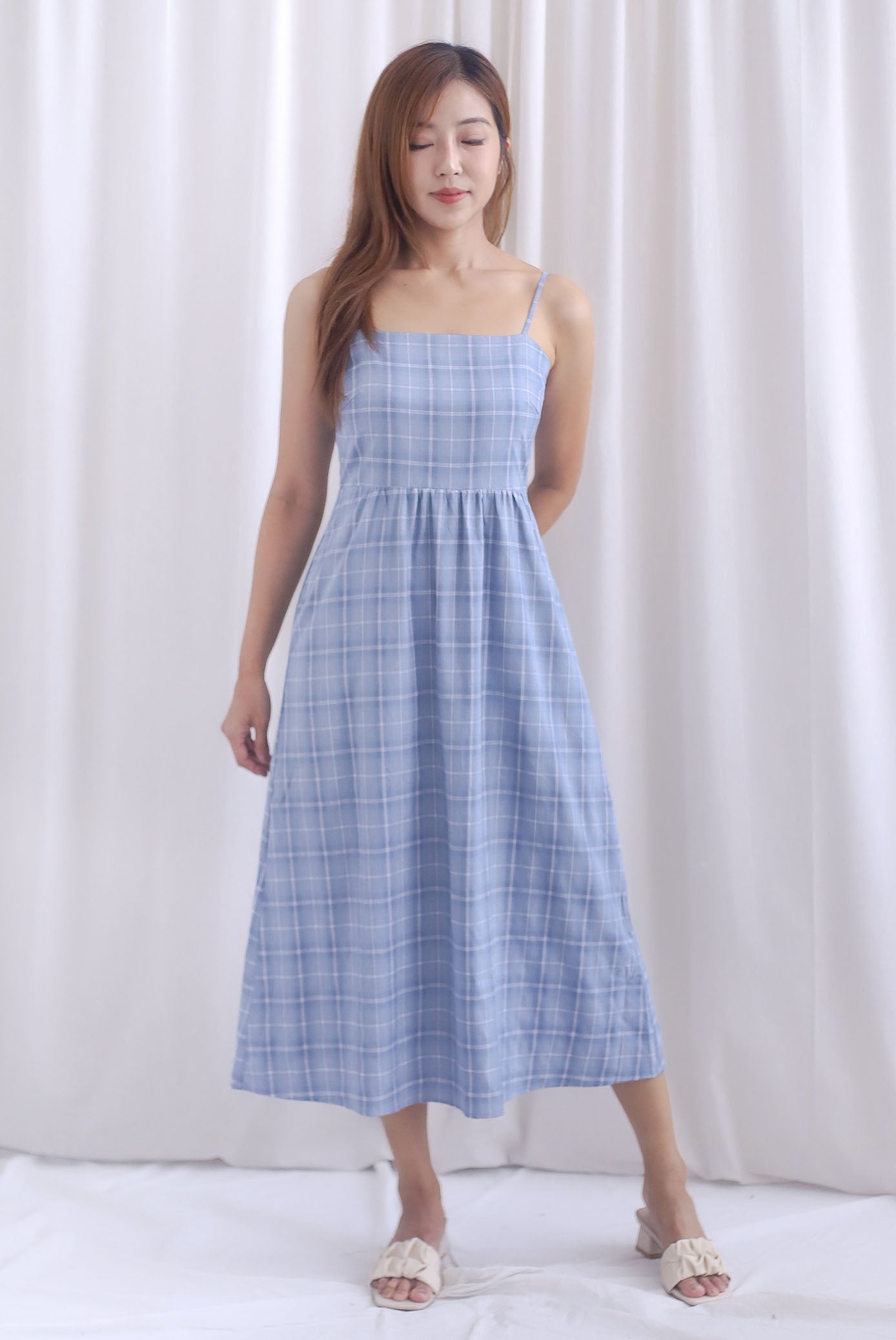 Erica Plaids Spag Midi Dress In Skyblue