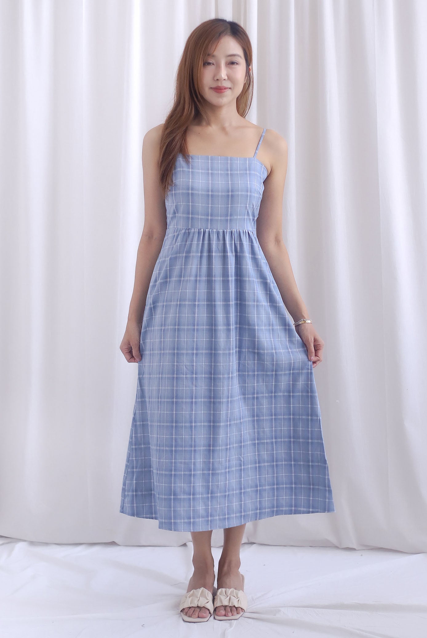 Erica Plaids Spag Midi Dress In Skyblue