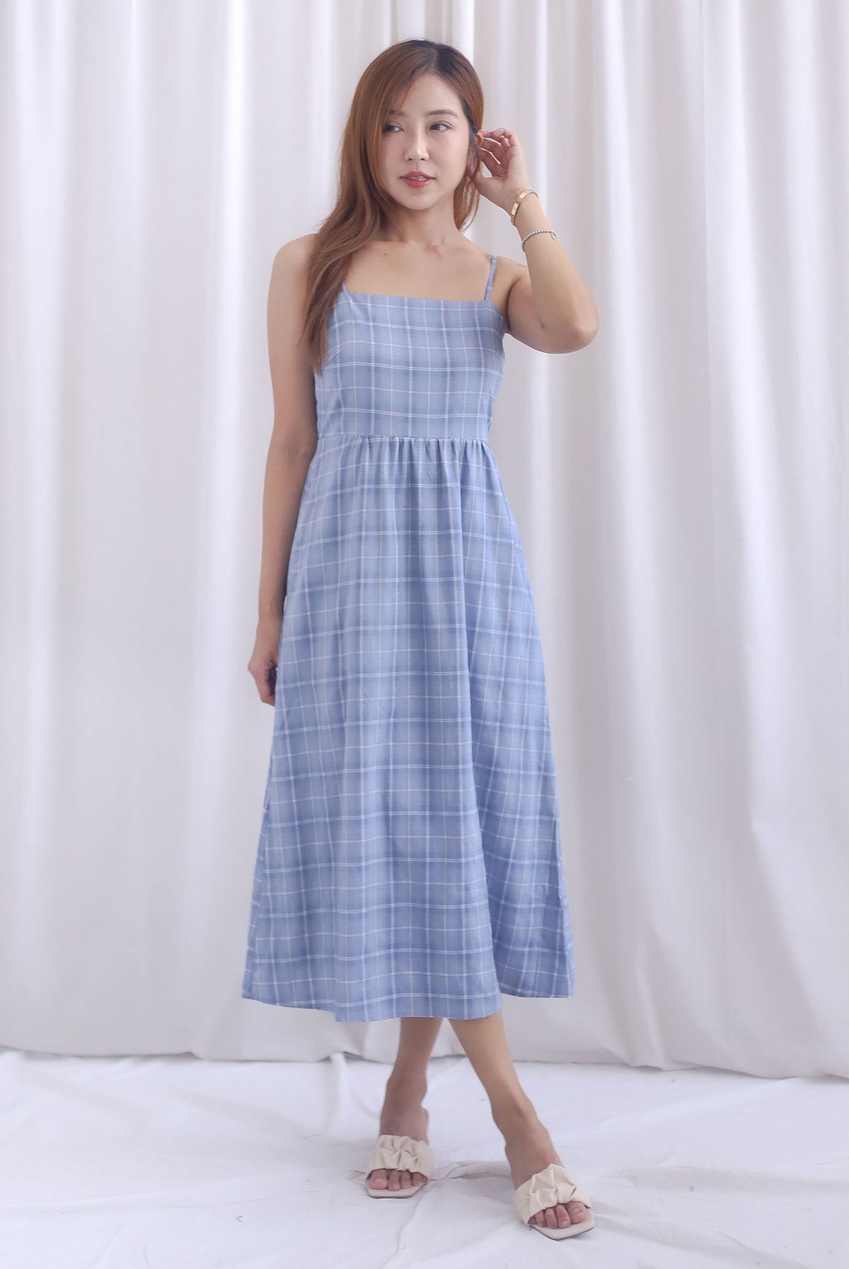 Erica Plaids Spag Midi Dress In Skyblue