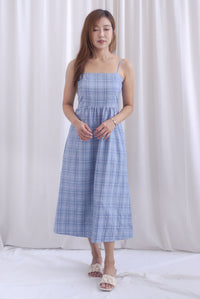 Erica Plaids Spag Midi Dress In Skyblue