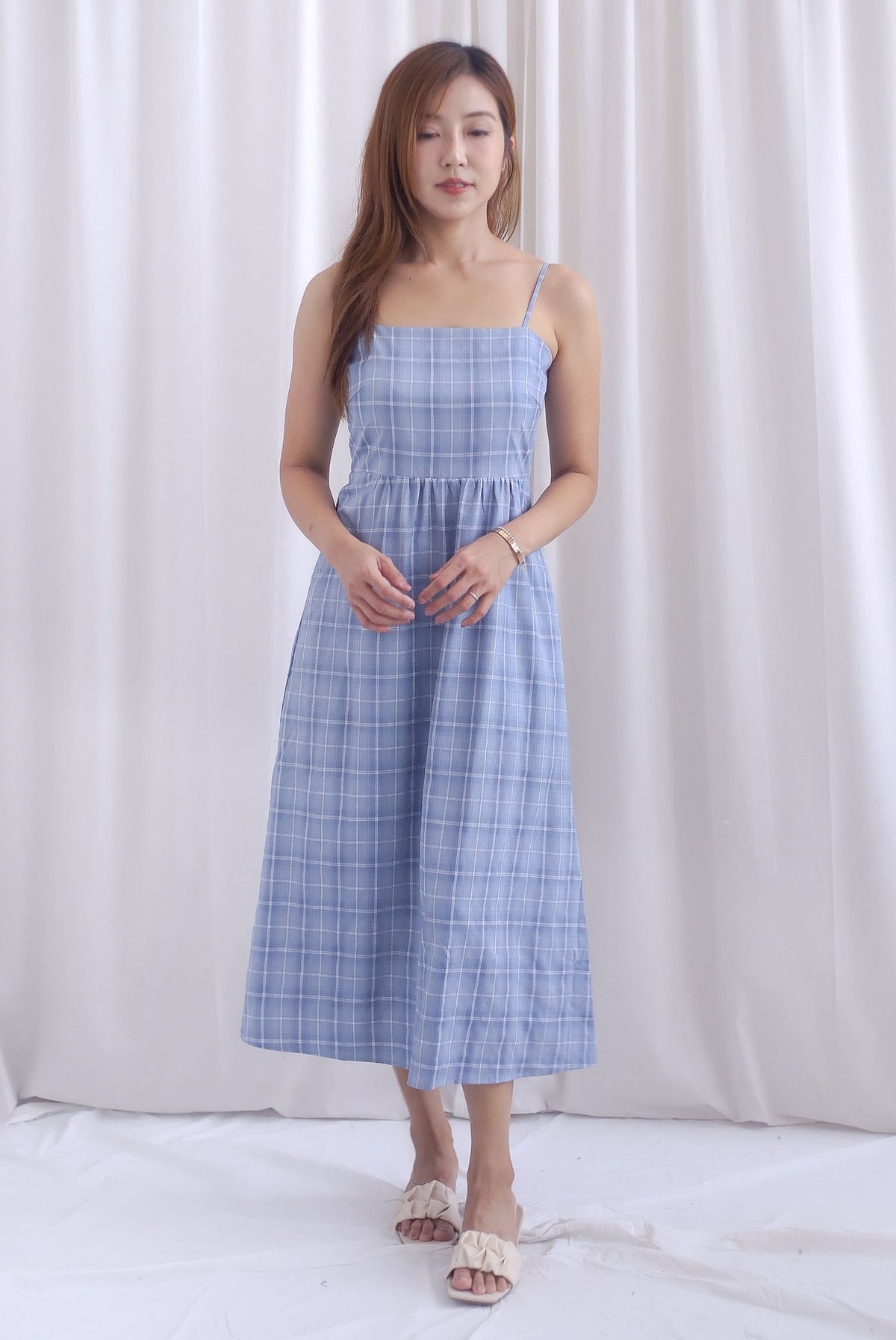 Erica Plaids Spag Midi Dress In Skyblue