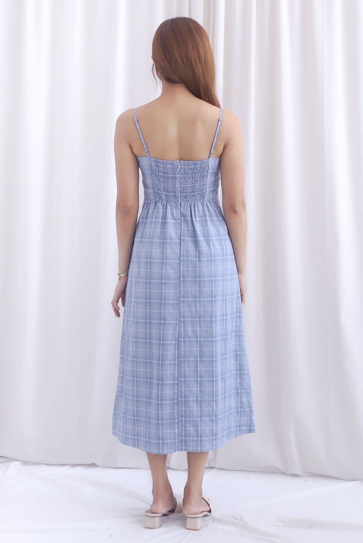 Erica Plaids Spag Midi Dress In Skyblue