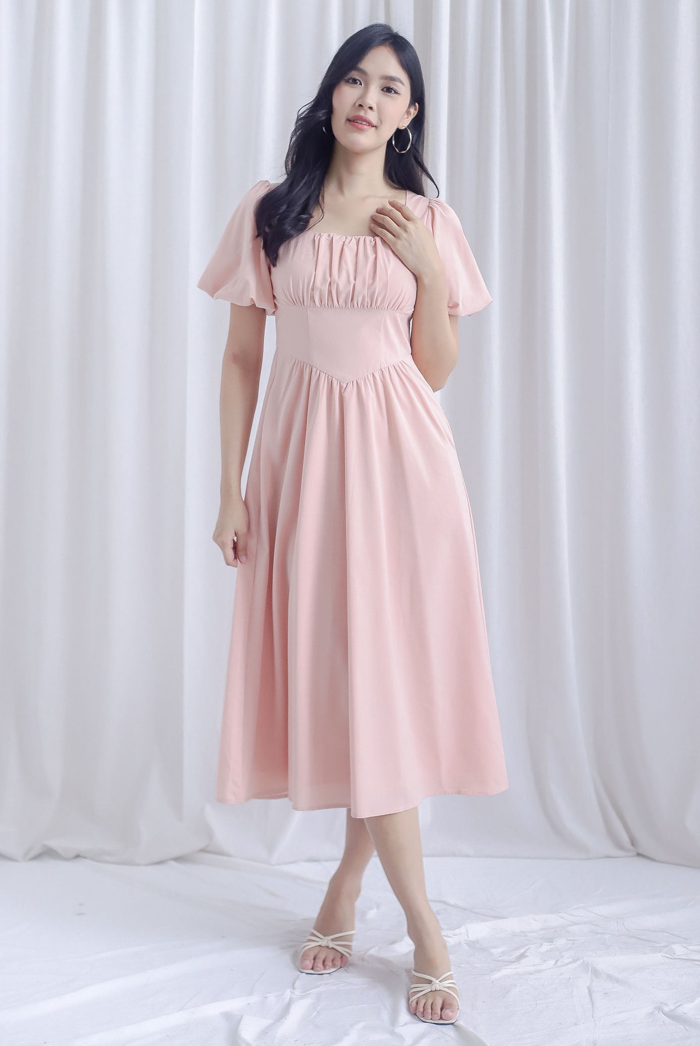 Esme Puffy Sleeve Empire Maxi Dress In Pink