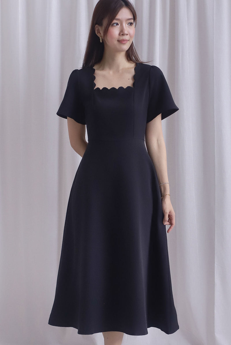 *Restocked* Esmeralda Sleeved Scallop Neckline Skater Dress In Black