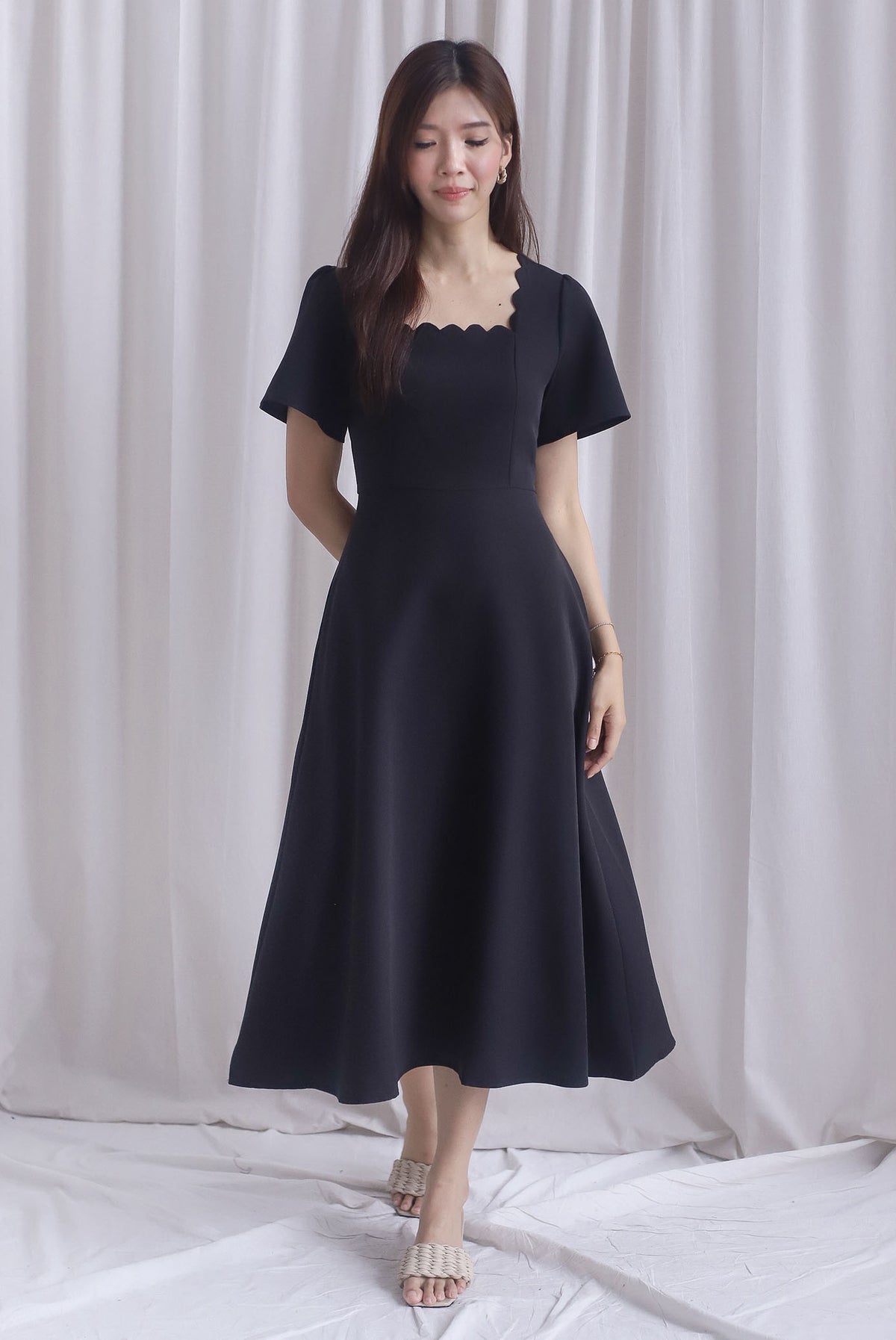 *Restocked* Esmeralda Sleeved Scallop Neckline Skater Dress In Black