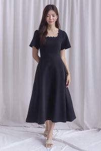 *Restocked* Esmeralda Sleeved Scallop Neckline Skater Dress In Black