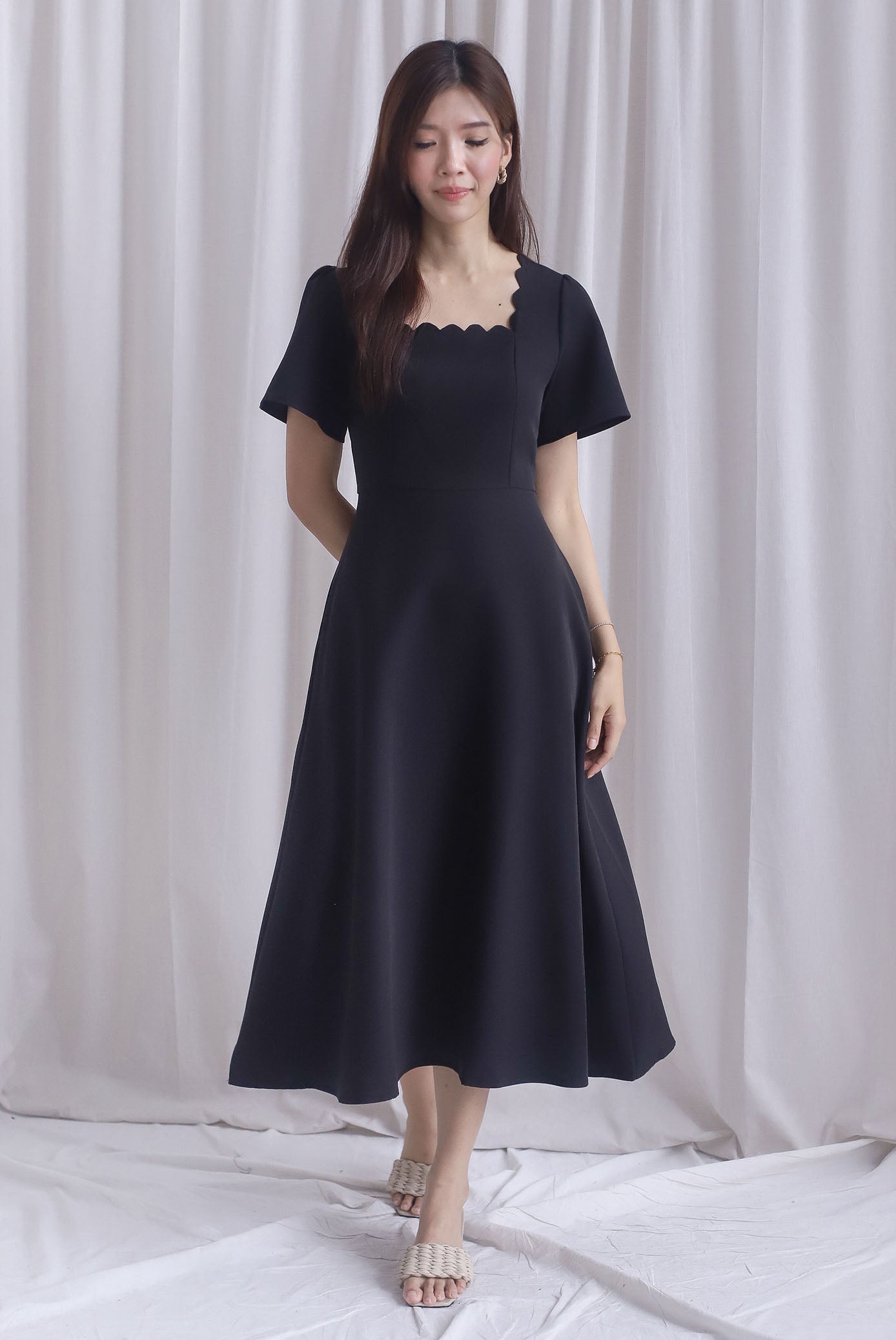 *Restocked* Esmeralda Sleeved Scallop Neckline Skater Dress In Black