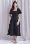 *Restocked* Esmeralda Sleeved Scallop Neckline Skater Dress In Black