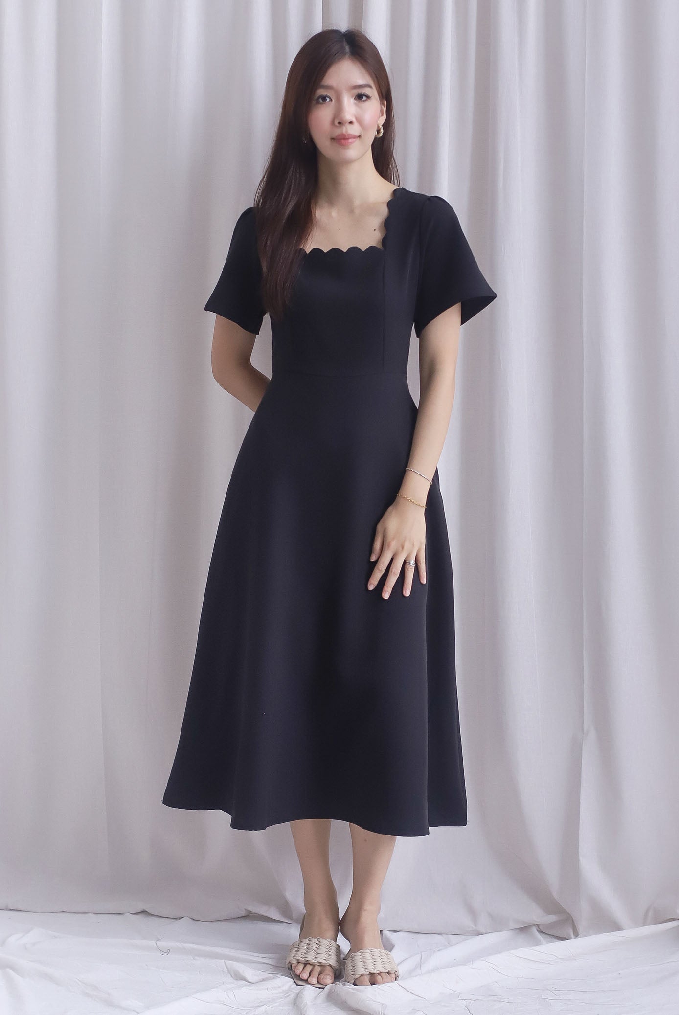*Restocked* Esmeralda Sleeved Scallop Neckline Skater Dress In Black