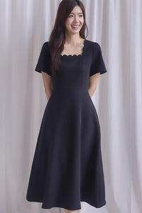 *Restocked* Esmeralda Sleeved Scallop Neckline Skater Dress In Black