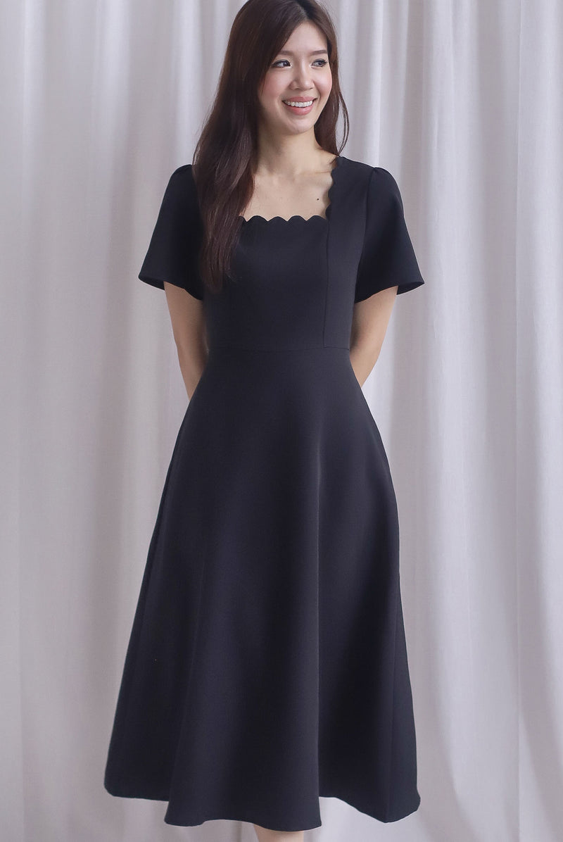 *Restocked* Esmeralda Sleeved Scallop Neckline Skater Dress In Black