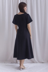 *Restocked* Esmeralda Sleeved Scallop Neckline Skater Dress In Black