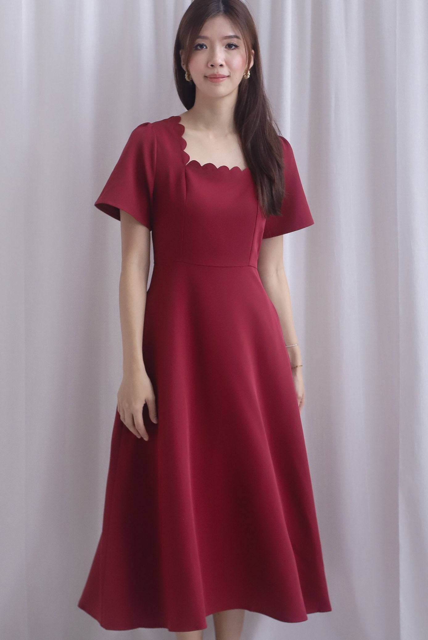 *Restocked* Esmeralda Sleeved Scallop Neckline Skater Dress In Wine Red