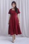 *Restocked* Esmeralda Sleeved Scallop Neckline Skater Dress In Wine Red