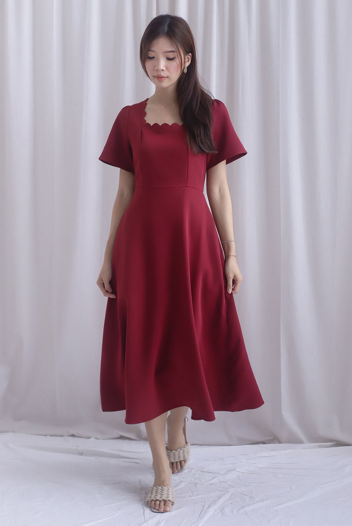 *Restocked* Esmeralda Sleeved Scallop Neckline Skater Dress In Wine Red