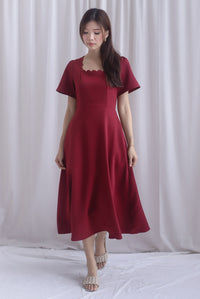 *Restocked* Esmeralda Sleeved Scallop Neckline Skater Dress In Wine Red