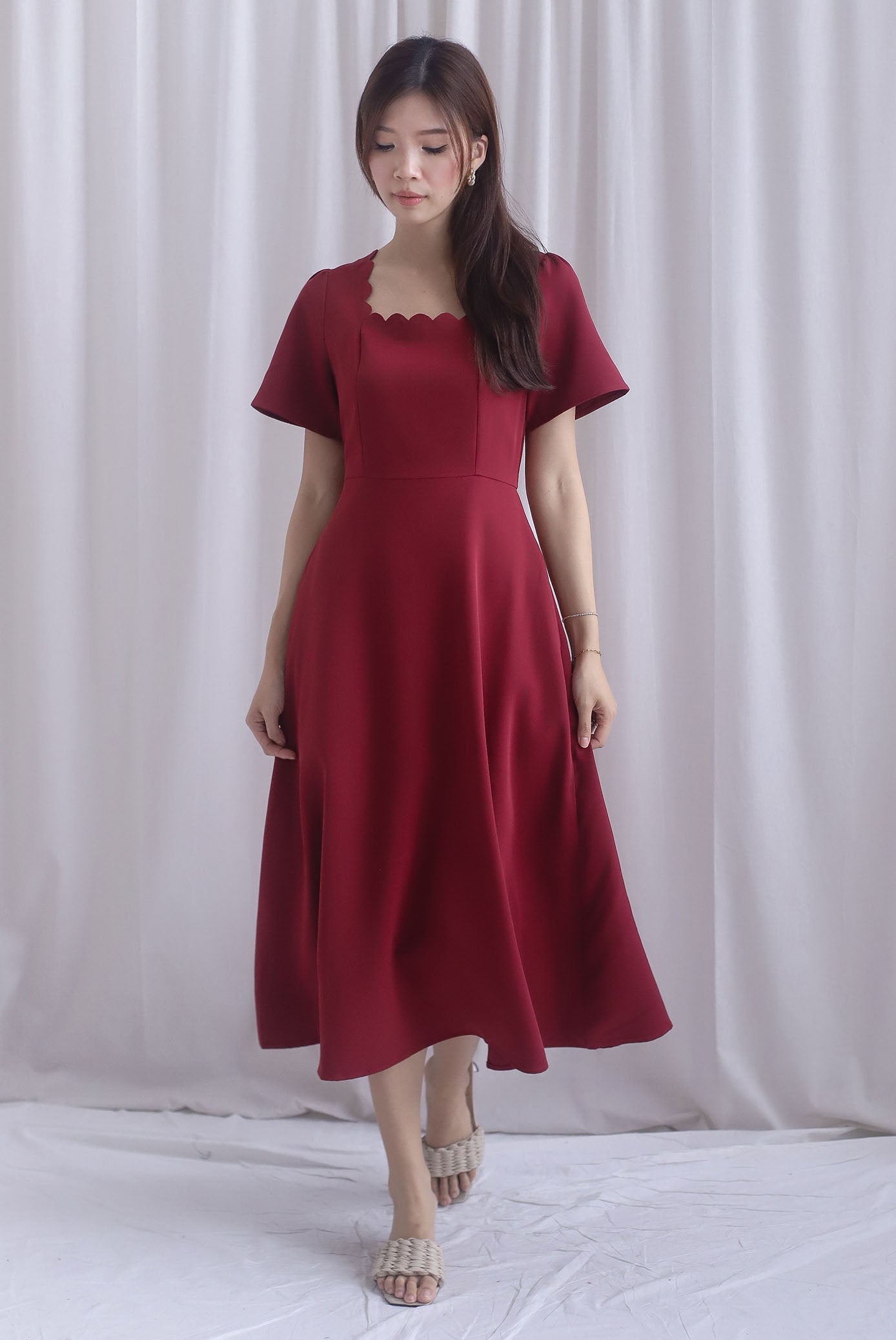 *Restocked* Esmeralda Sleeved Scallop Neckline Skater Dress In Wine Red