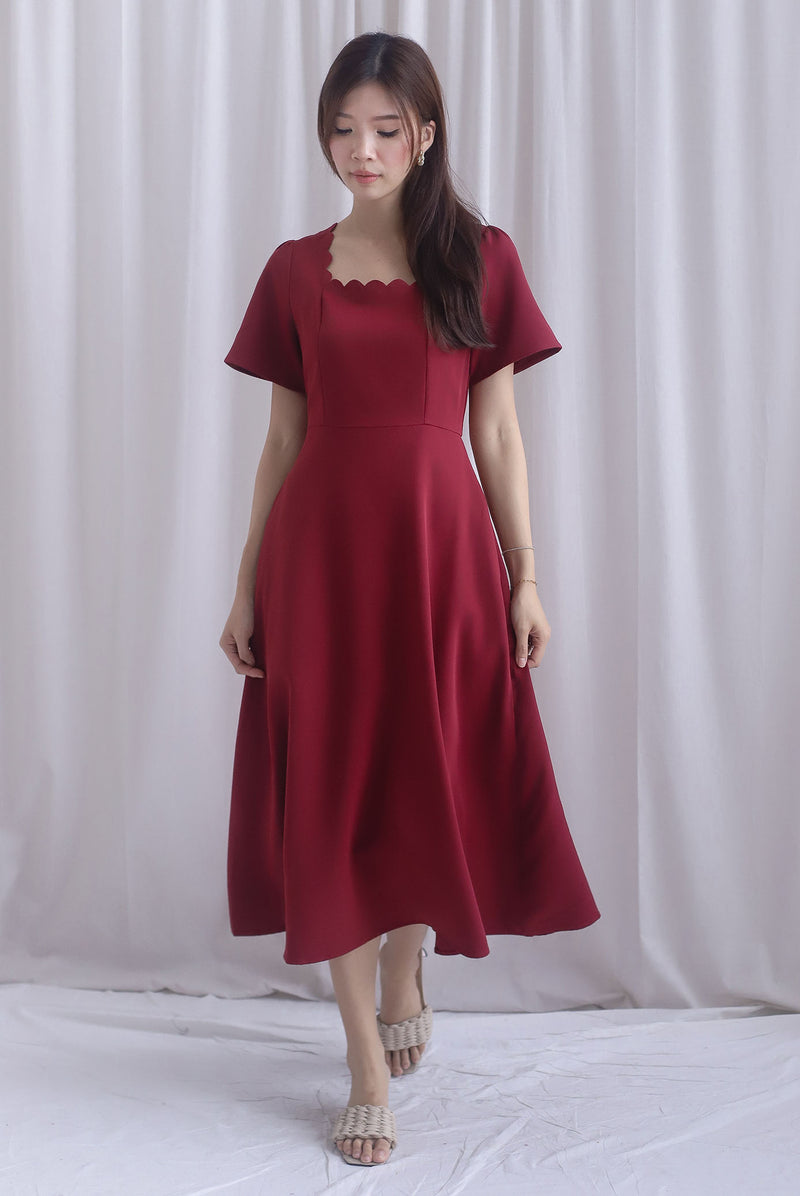 *Restocked* Esmeralda Sleeved Scallop Neckline Skater Dress In Wine Red
