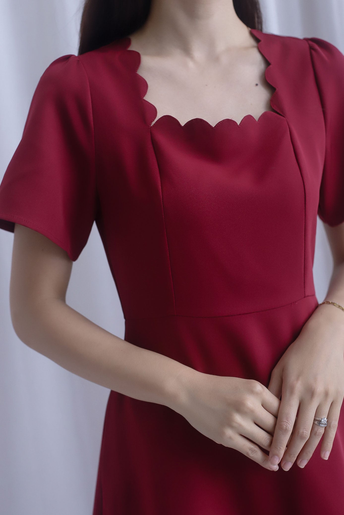 *Restocked* Esmeralda Sleeved Scallop Neckline Skater Dress In Wine Red