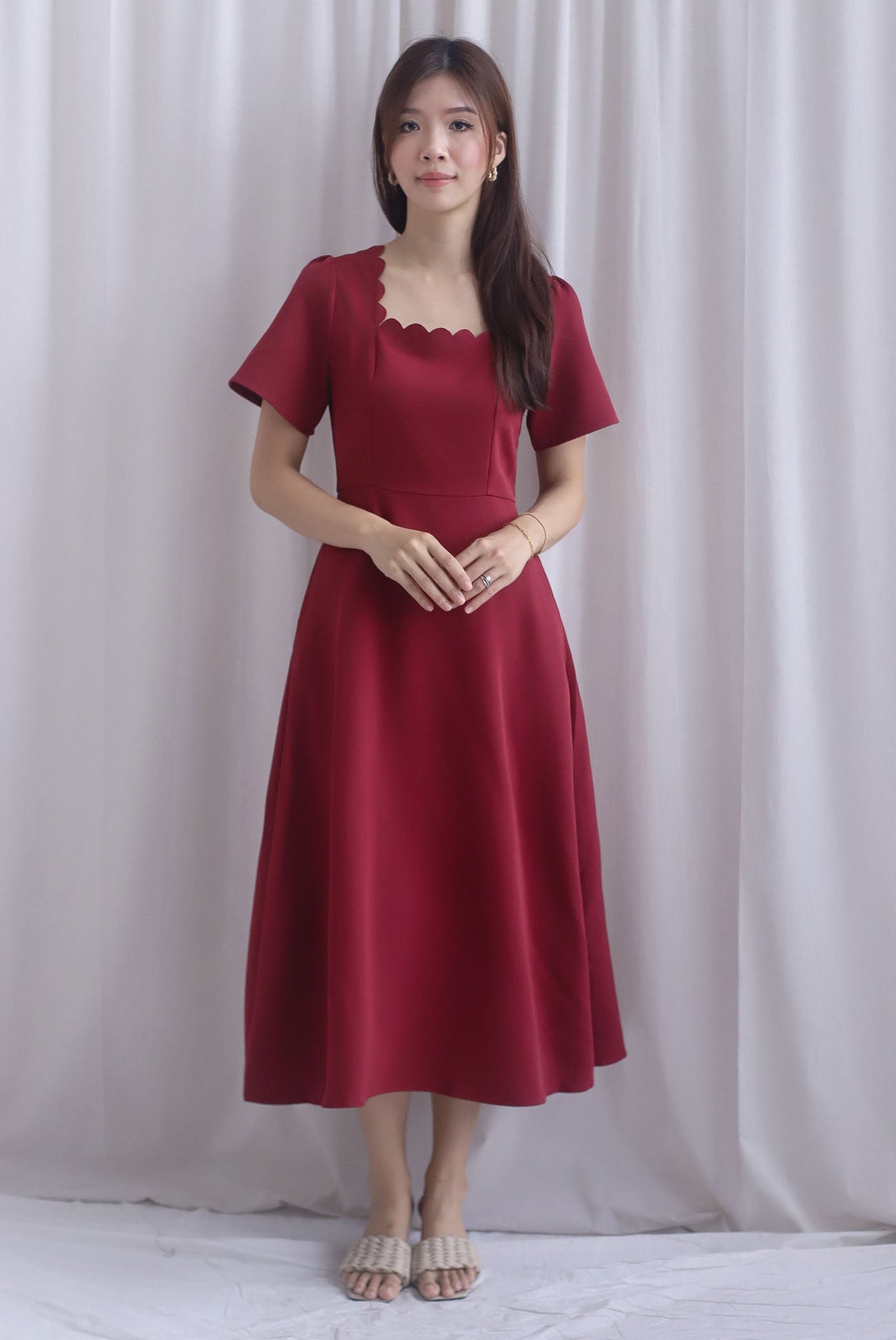 *Restocked* Esmeralda Sleeved Scallop Neckline Skater Dress In Wine Red