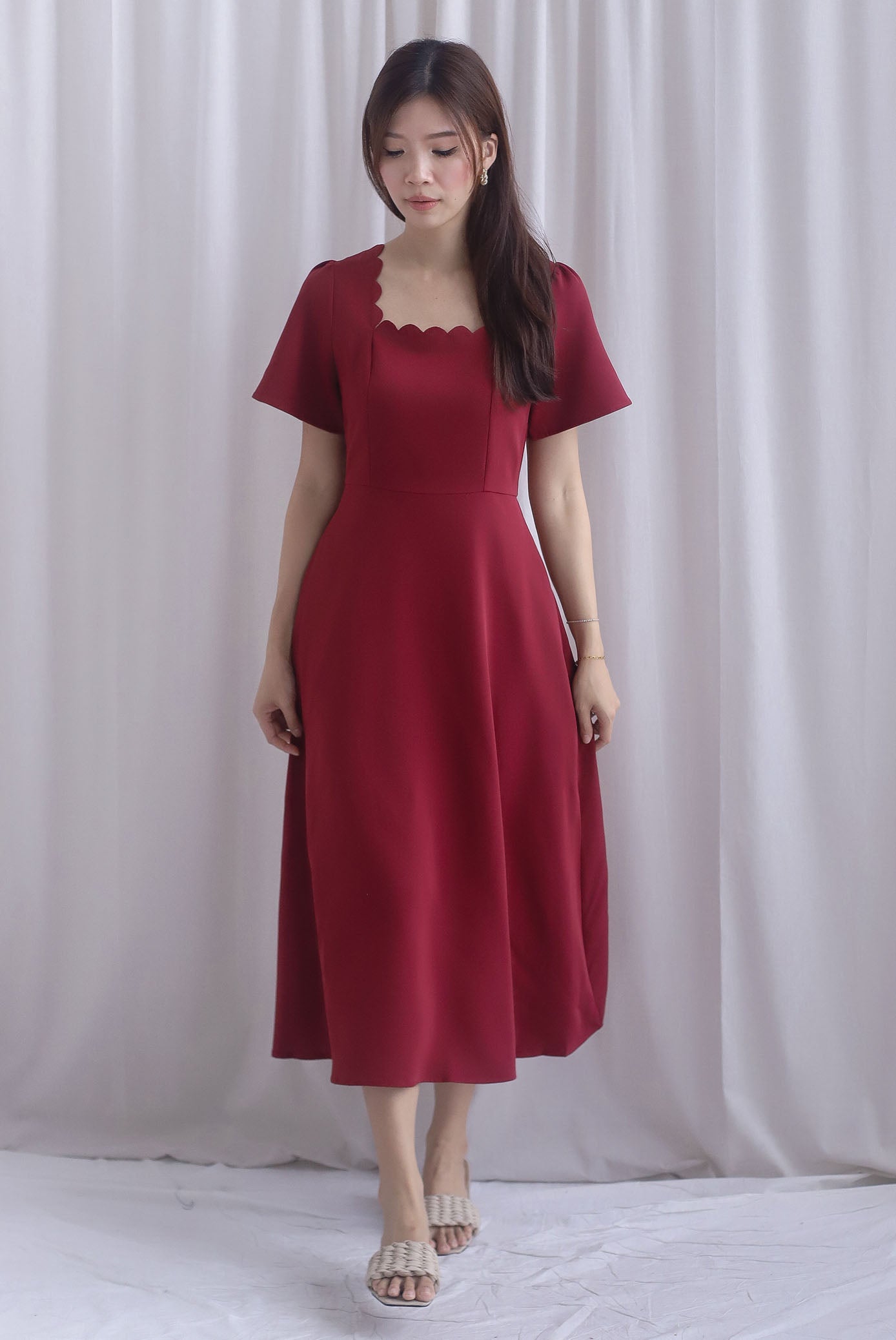 *Restocked* Esmeralda Sleeved Scallop Neckline Skater Dress In Wine Red