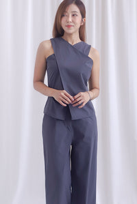 Estelle Cross Over Overlap Top In Charcoal Grey