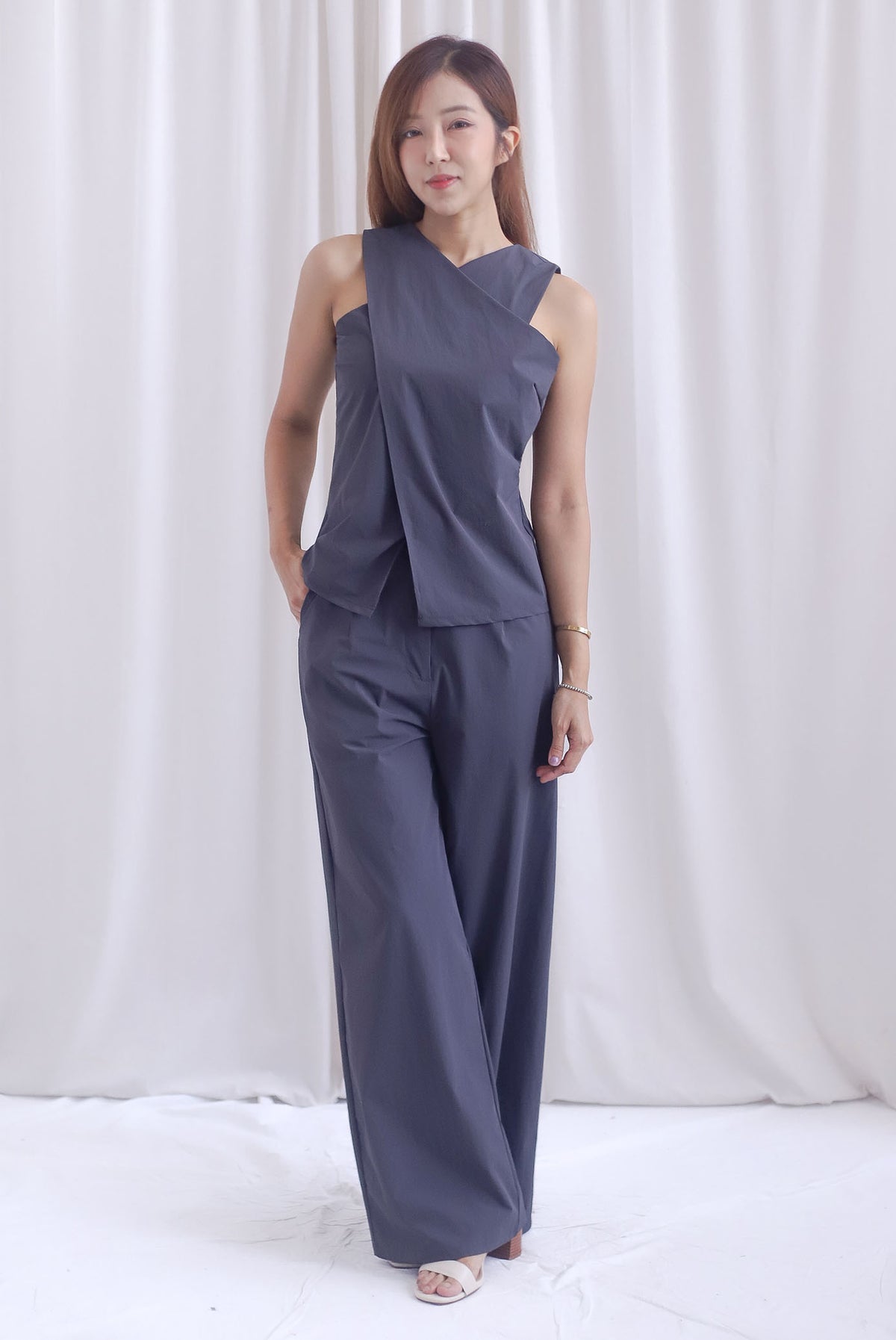 Estelle Cross Over Overlap Top In Charcoal Grey