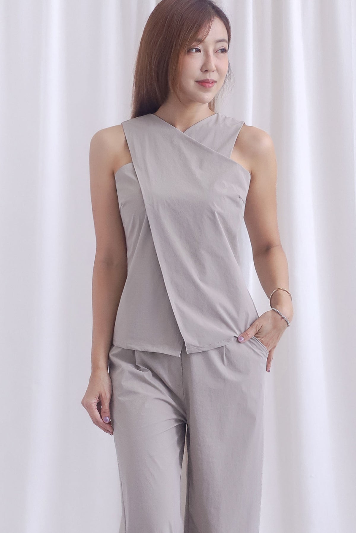 Estelle Cross Over Overlap Top In Taupe