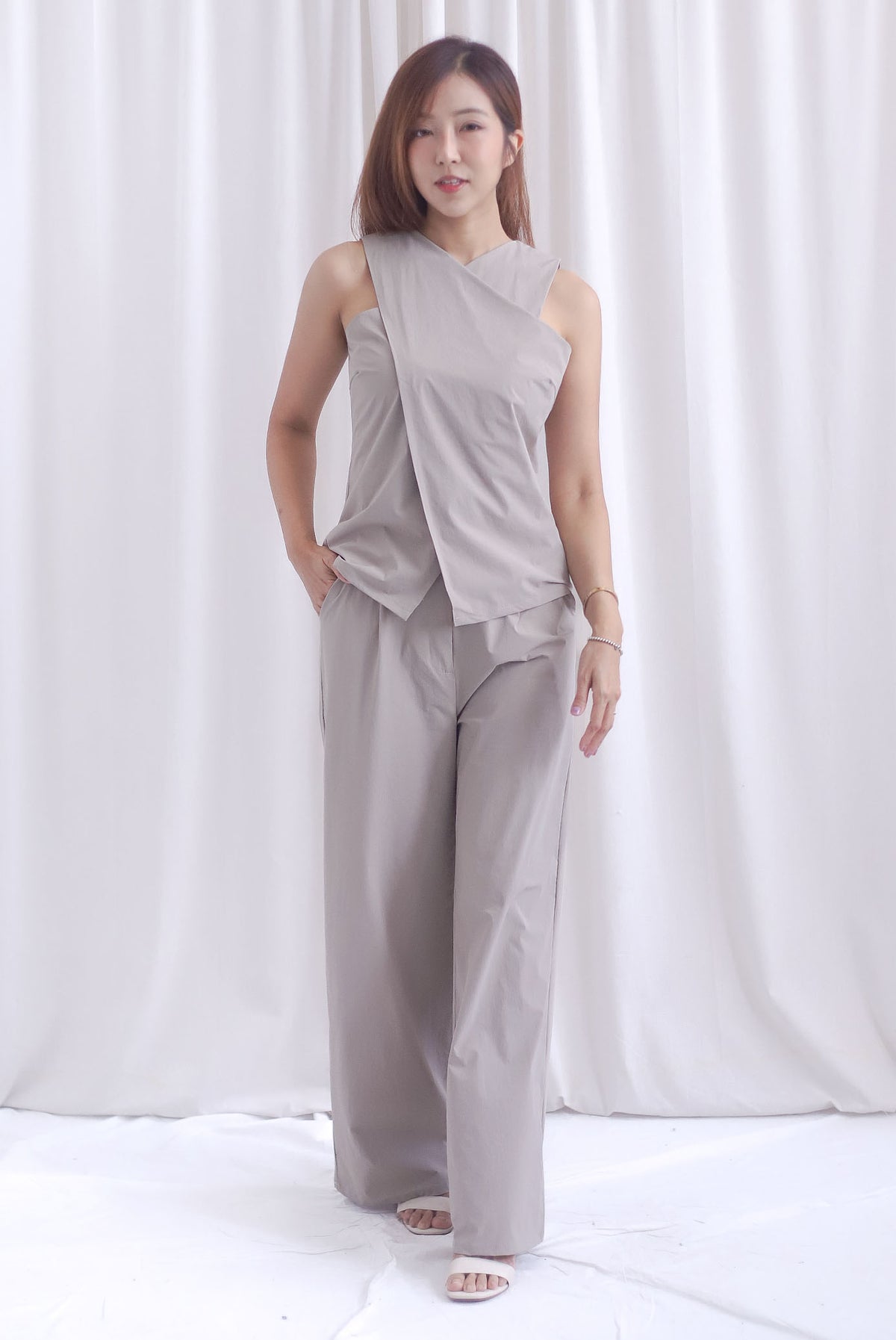 Estelle Cross Over Overlap Top In Taupe