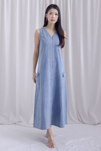 Faith Denim Cargo Two Way Dress In Mid Wash