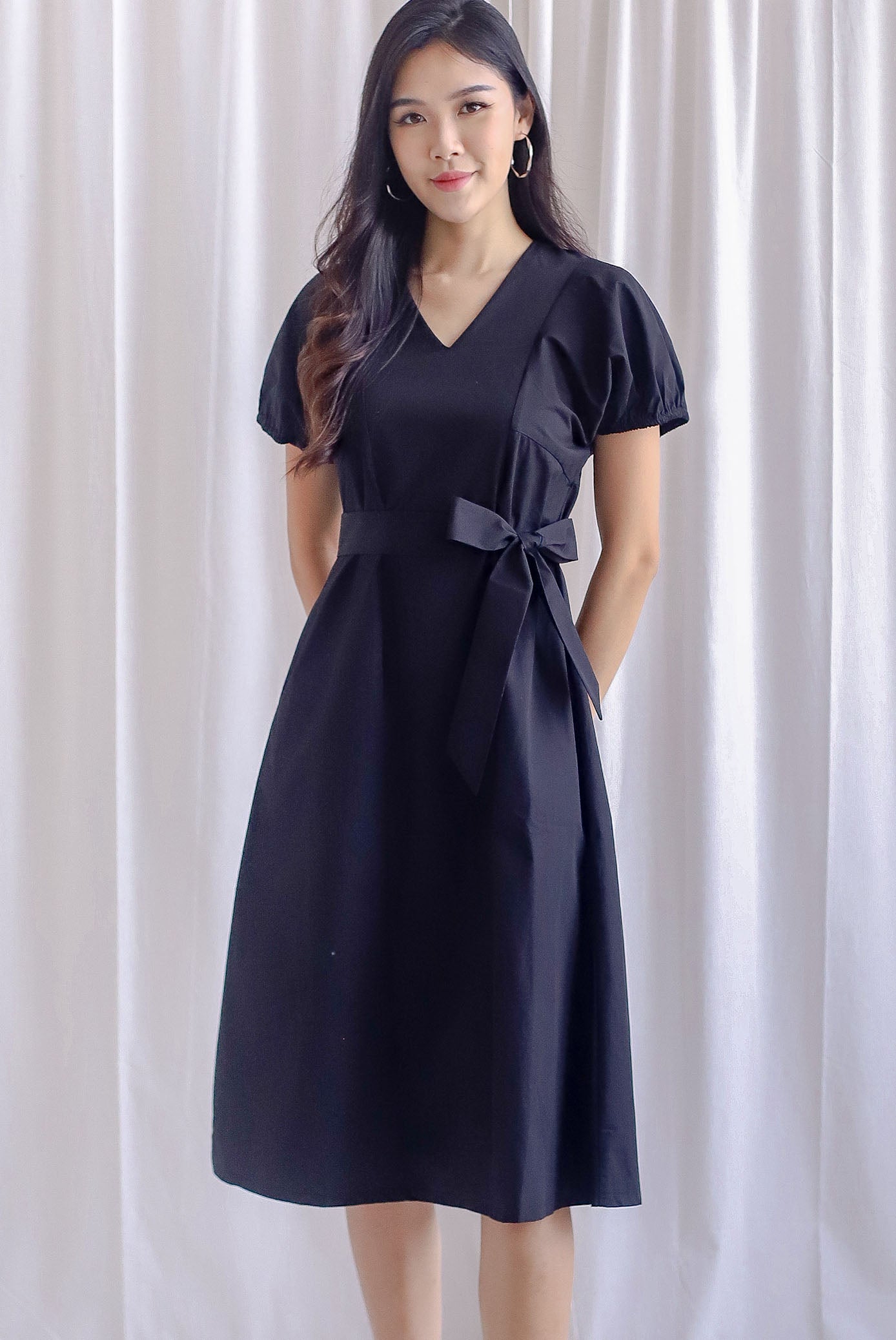 TDC Faye Puff-sleeve Sashed Dress In Black