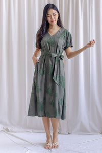 TDC Faye Puff-sleeve Sashed Dress In Olive Leafy