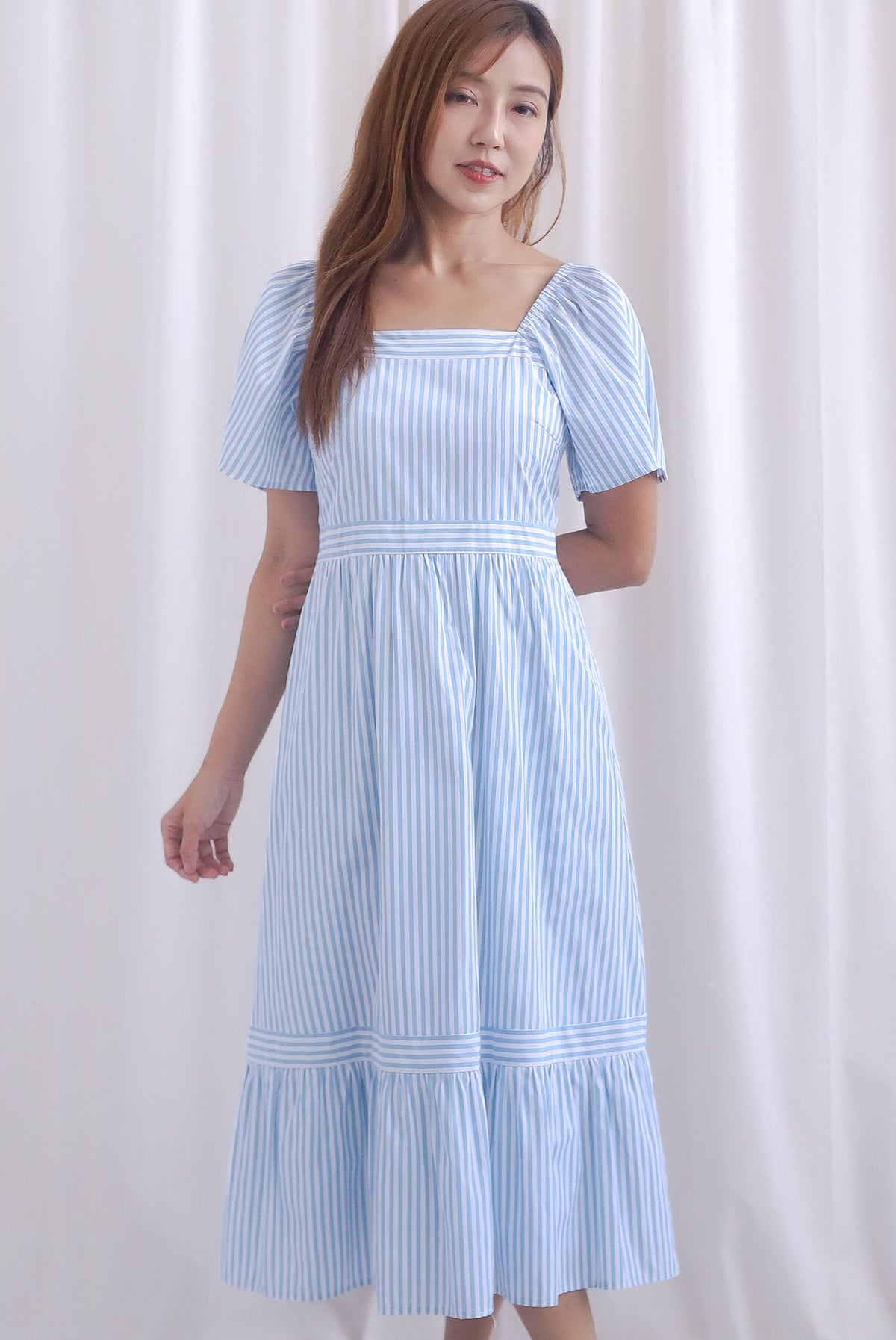 Felicia Flutter Sleeves Stripes Midi Dress In Blue