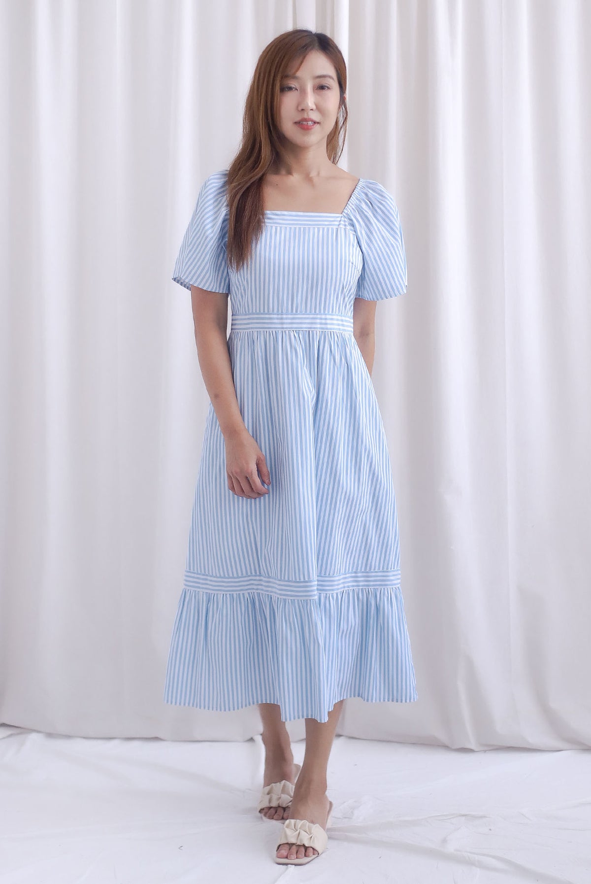 Felicia Flutter Sleeves Stripes Midi Dress In Blue
