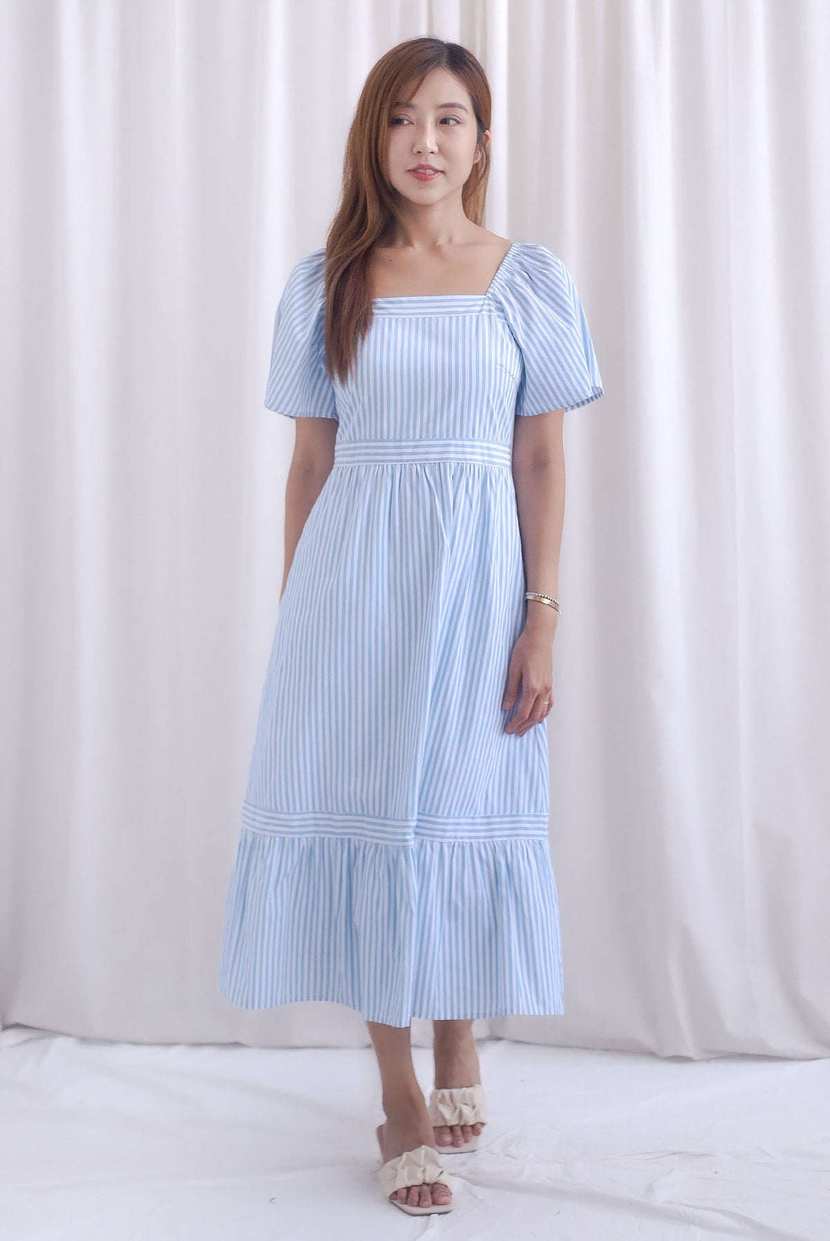 Felicia Flutter Sleeves Stripes Midi Dress In Blue