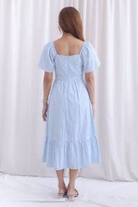 Felicia Flutter Sleeves Stripes Midi Dress In Blue