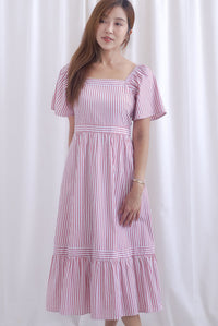 Felicia Flutter Sleeves Stripes Midi Dress In Rose Pink